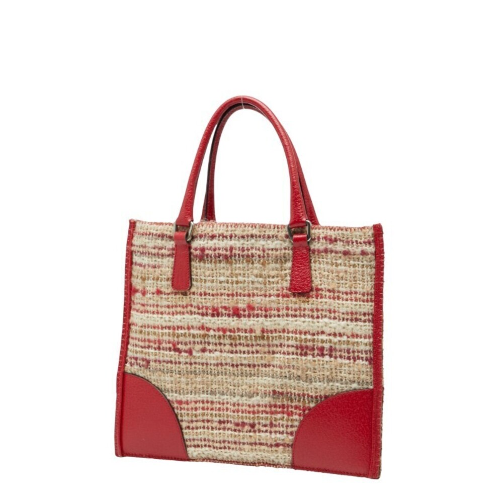 Prada Tan triangular tote leather Beige knit wool logo red bag